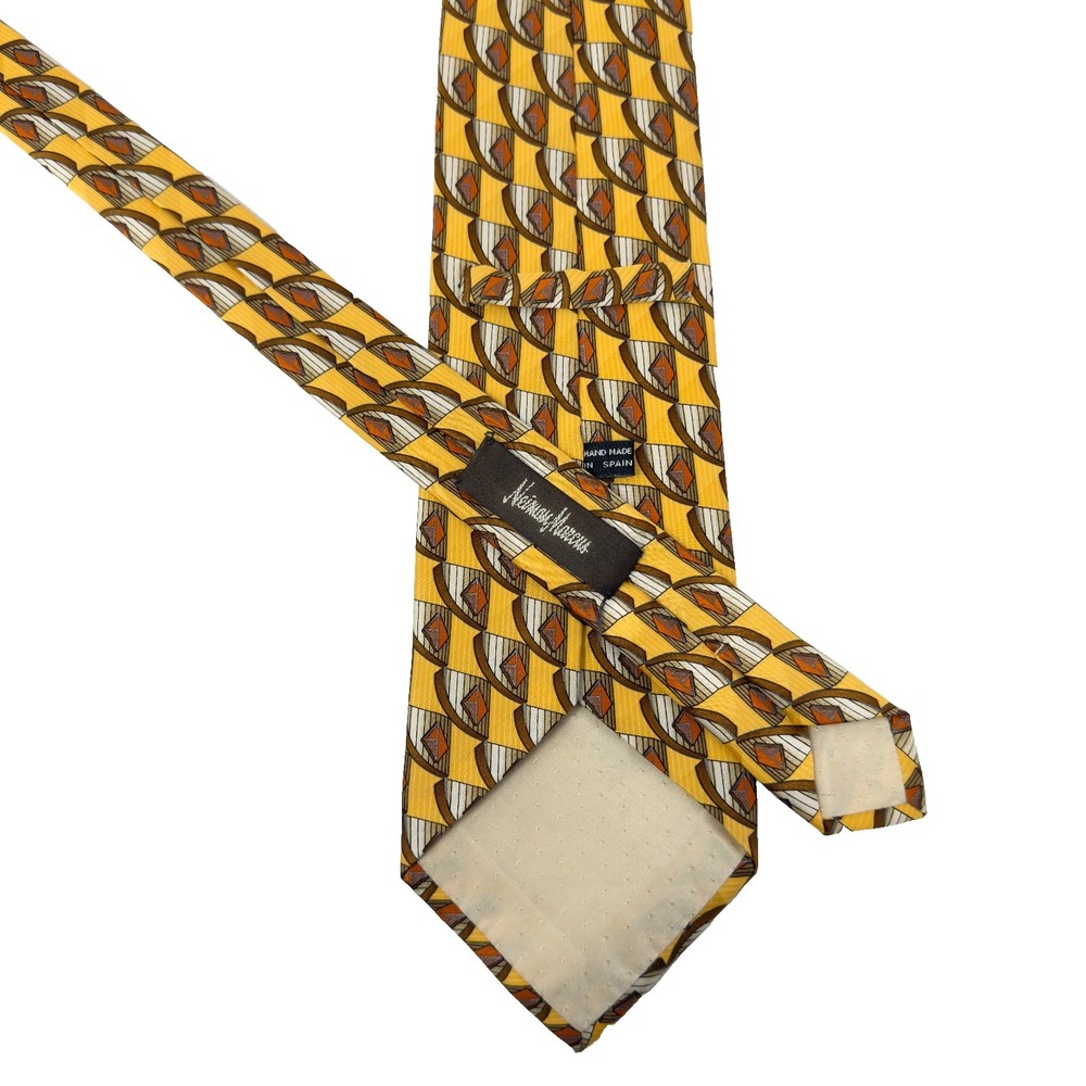 Neiman Marcus Silk Geometric‎ Tie Yellow Orange 58x4 Handmade Spain
